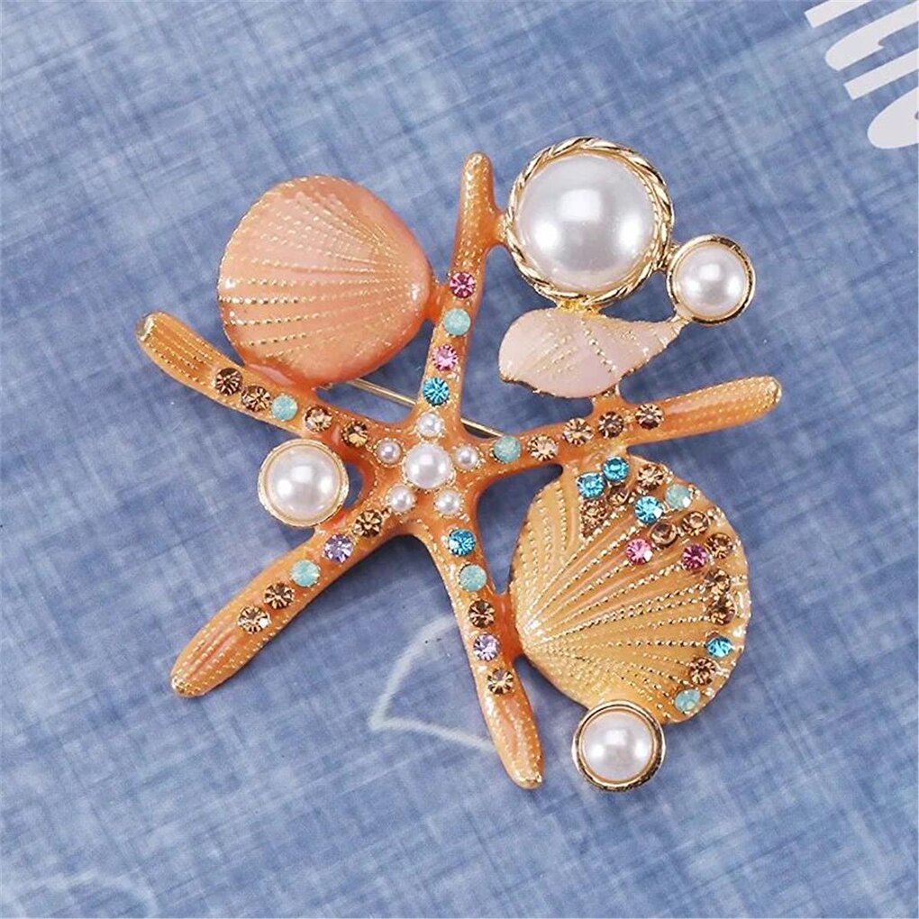 Orange Seashell Starfish Brooch