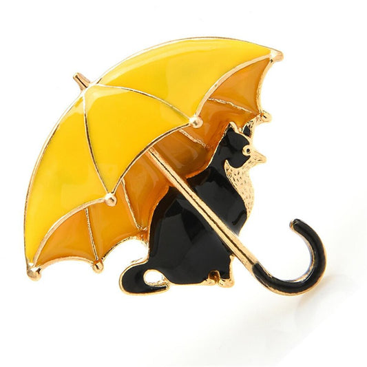 Black Cat Yellow Umbrella Brooch