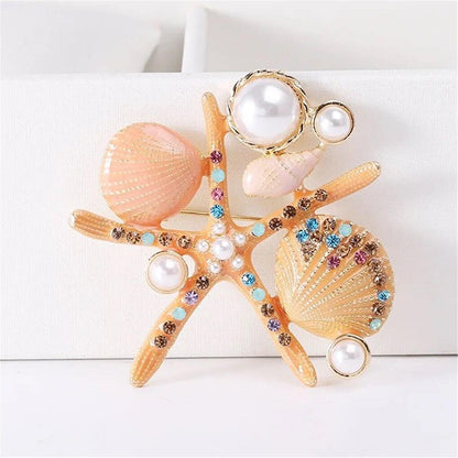 Orange Seashell Starfish Brooch