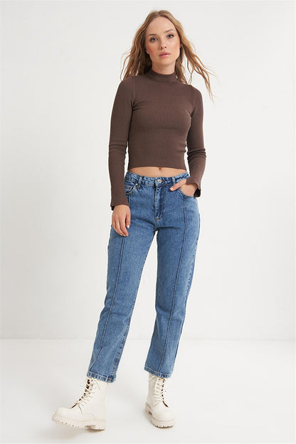 Blue Rib Detailed High Waist Straight Jeans