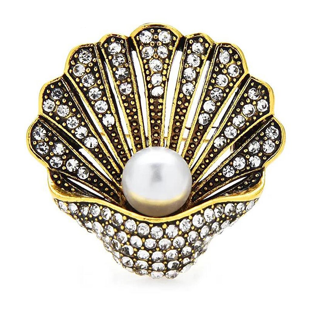 Pearl and Crystal Seashell Brooch