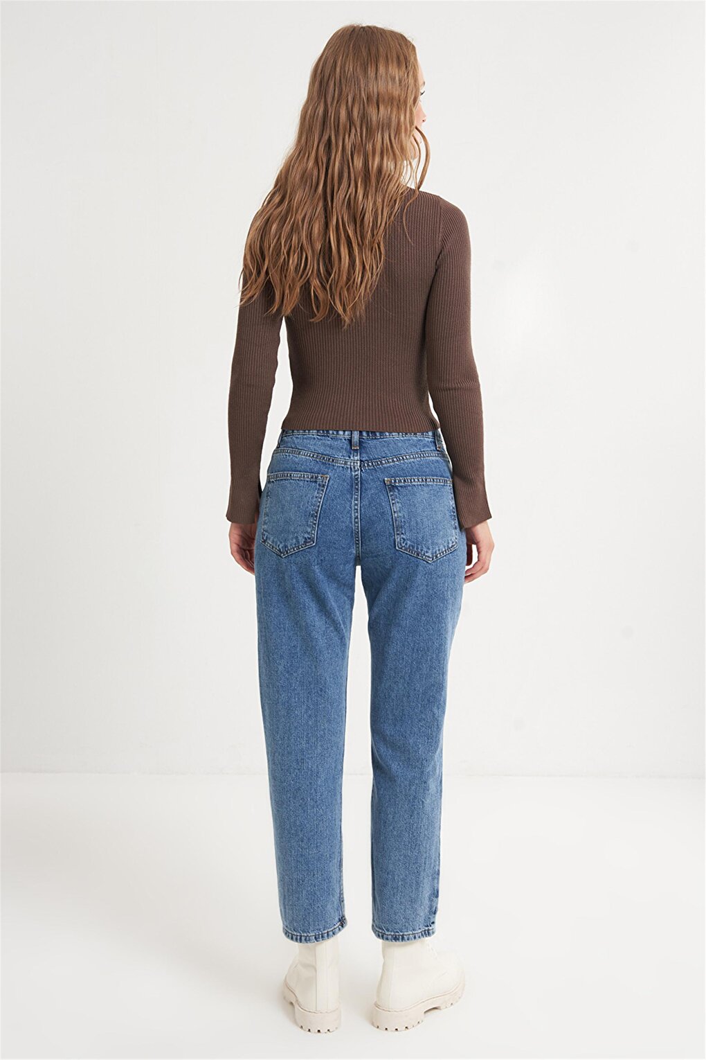 Blue Rib Detailed High Waist Straight Jeans