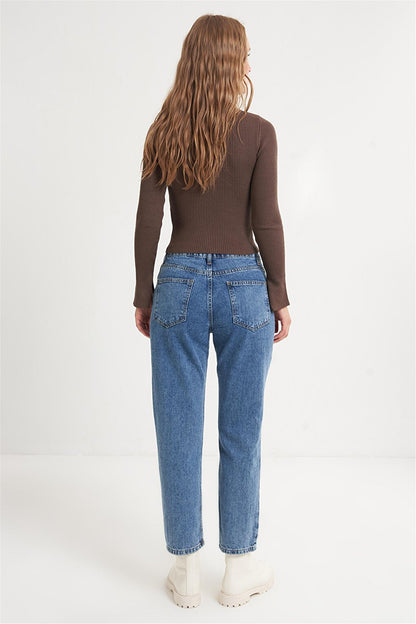 Blue Rib Detailed High Waist Straight Jeans