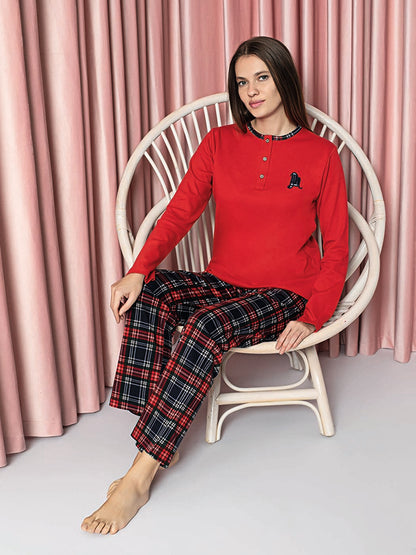 Women's Pajama Set Young Interlock Bottom Plaid Cotton Seasonal W20382247