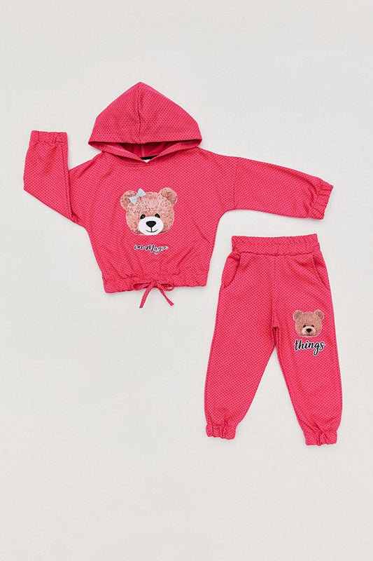 Teddy Bear Printed Hooded Girls Tracksuit Set