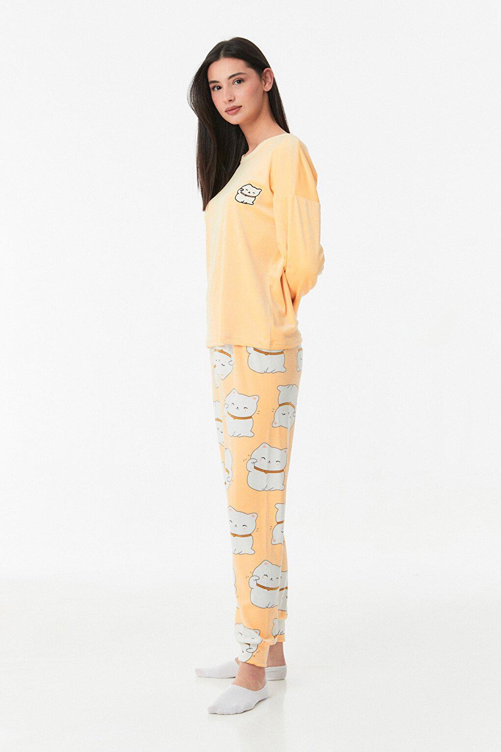 Cat Printed Crew Neck Pajama Set