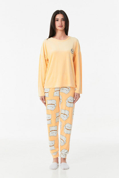 Cat Printed Crew Neck Pajama Set