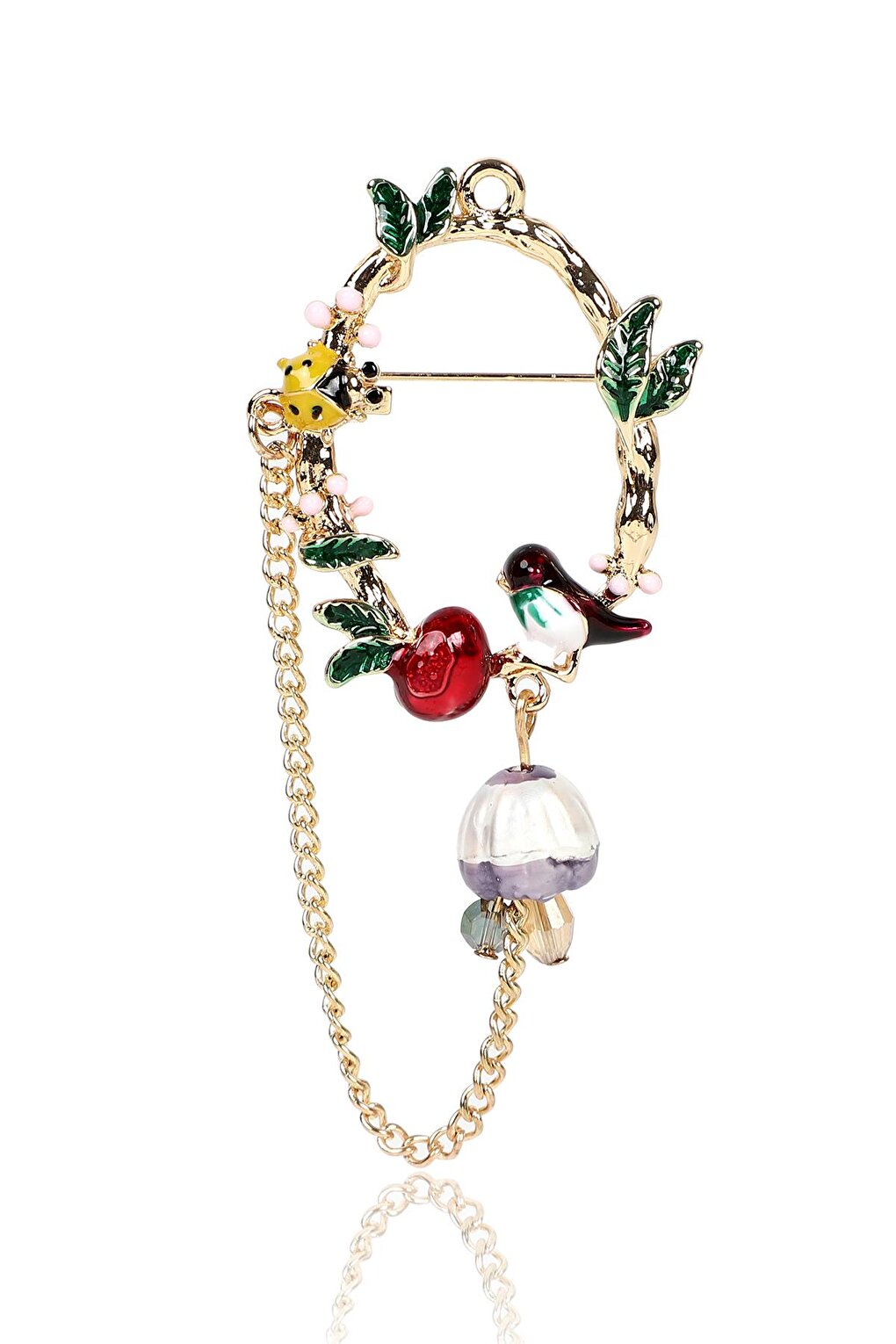 Bird and Ladybug Chain Brooch