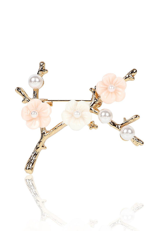 Pink Flower and Pearl Branch Brooch