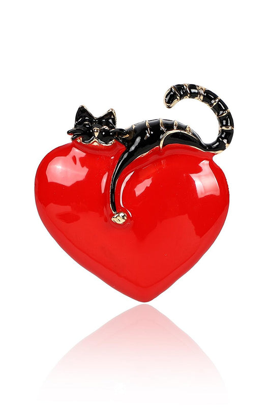 Black Cat Red Heart Brooch