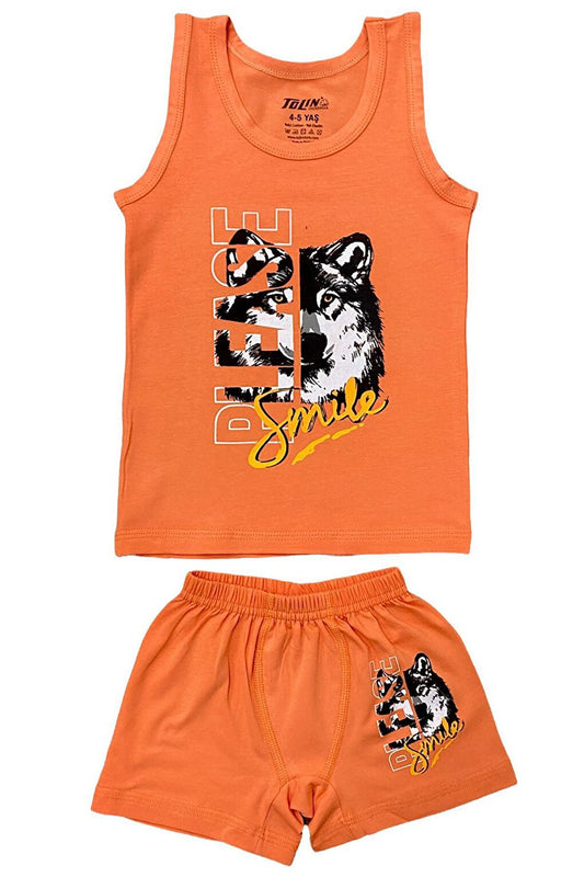 Boy's Patterned Printed Cotton Orange Athlete Shorts, Top and Bottom Set 83040