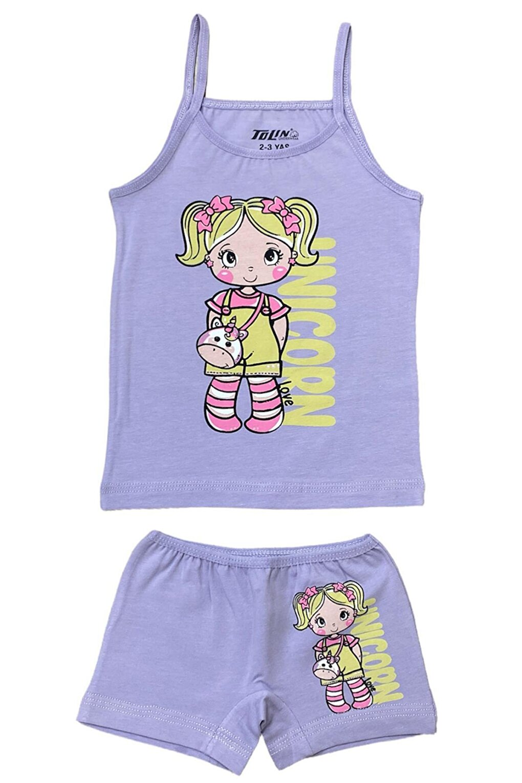 Girl's Patterned Printed Cotton Lilac Athlete Shorts, Top and Bottom Set 84021