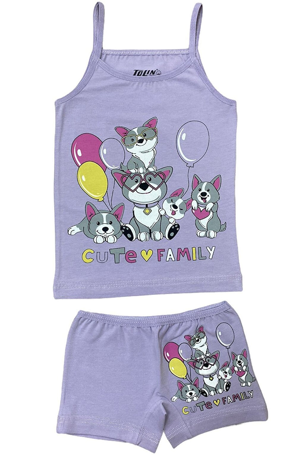 Girl's Patterned Printed Cotton Lilac Athlete Shorts, Top and Bottom Set 84035