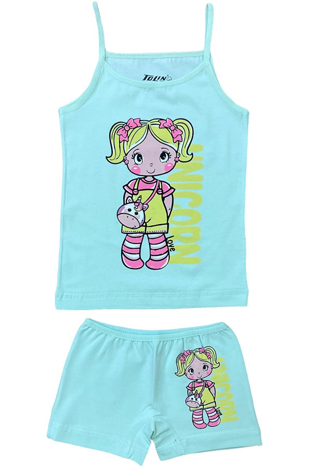 Girl's Patterned Printed Cotton Green Athlete Shorts, Top and Bottom Set 84022