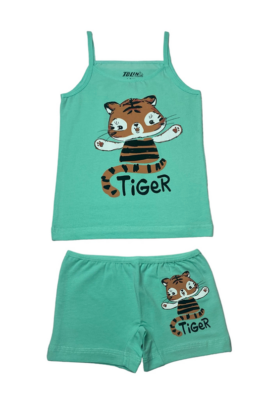 Girl's Patterned Printed Cotton Green Athlete Shorts, Top and Bottom Set 84026