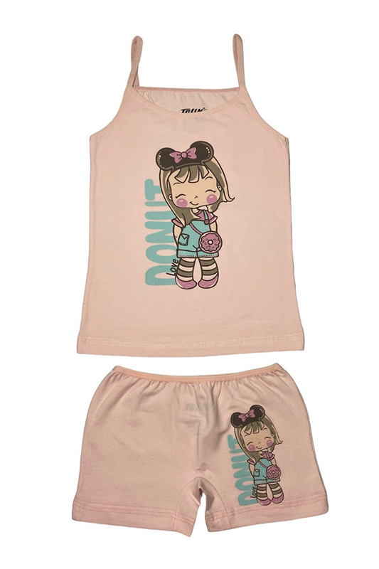 Girl's Patterned Printed Cotton Light Pink Athlete Shorts, Top and Bottom Set 84028