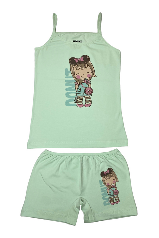 Girl's Patterned Printed Cotton Mint Green Athlete Shorts, Top and Bottom Set 84030