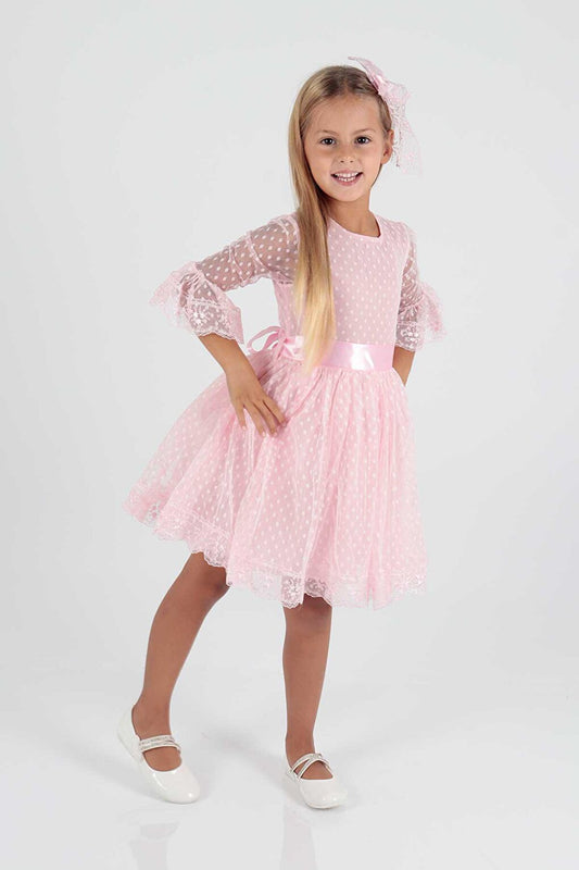 Girl's Buckle and Tulle Lace Casual Trend Dress Ak2209