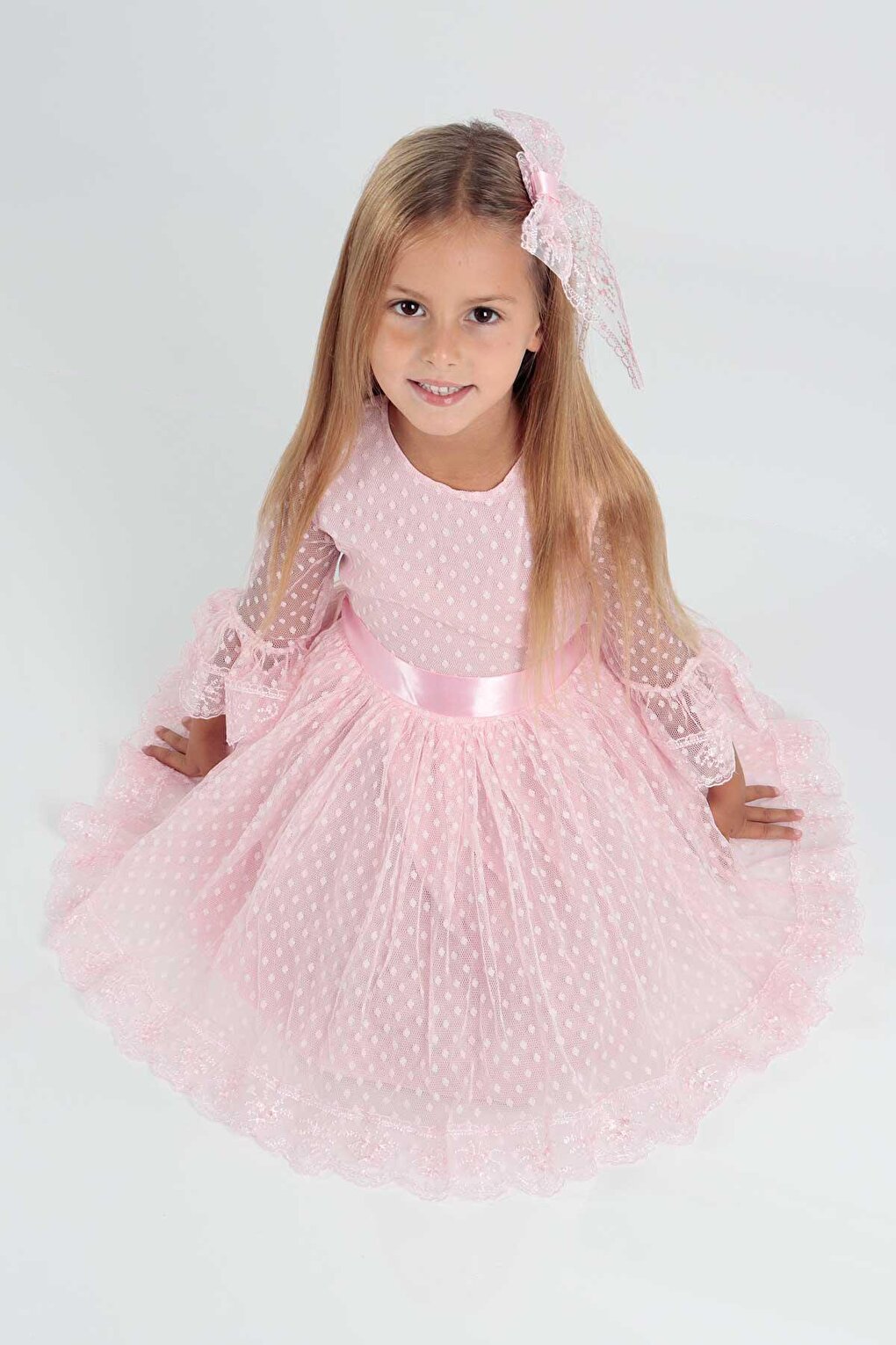 Girl's Buckle and Tulle Lace Casual Trend Dress Ak2209