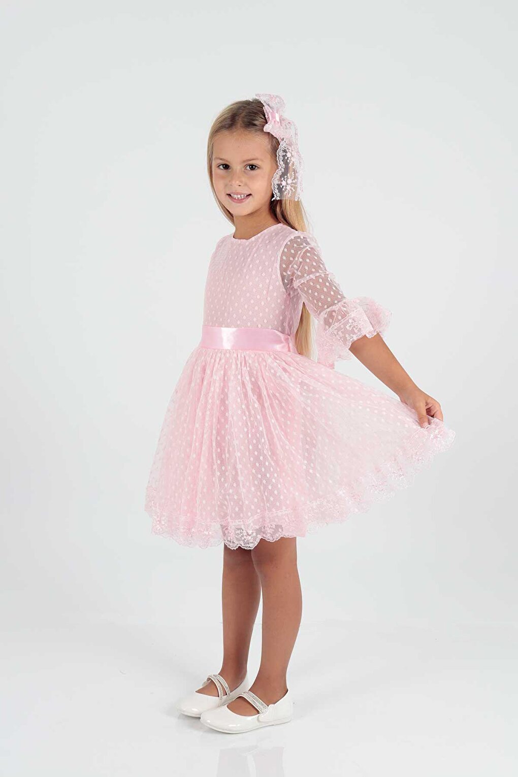 Girl's Buckle and Tulle Lace Casual Trend Dress Ak2209