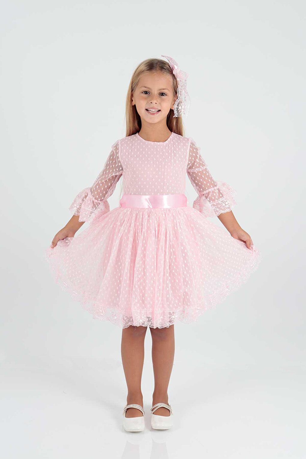 Girl's Buckle and Tulle Lace Casual Trend Dress Ak2209