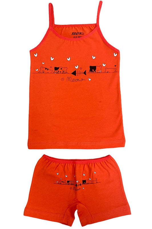 Girl's Patterned Printed Cotton Coral Undershirt Shorts, Top and Bottom Set 84013