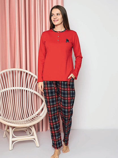 Women's Pajama Set Young Interlock Bottom Plaid Cotton Seasonal W20382247