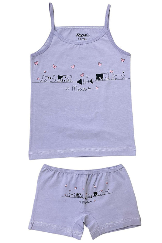 Girl's Patterned Printed Cotton Lilac Athlete Shorts, Top and Bottom Set 84012