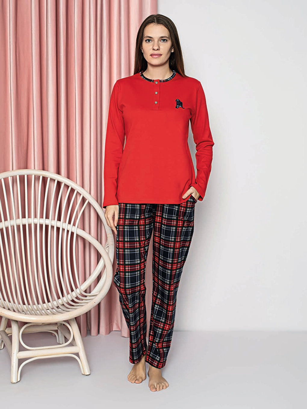 Women's Pajama Set Young Interlock Bottom Plaid Cotton Seasonal W20382247