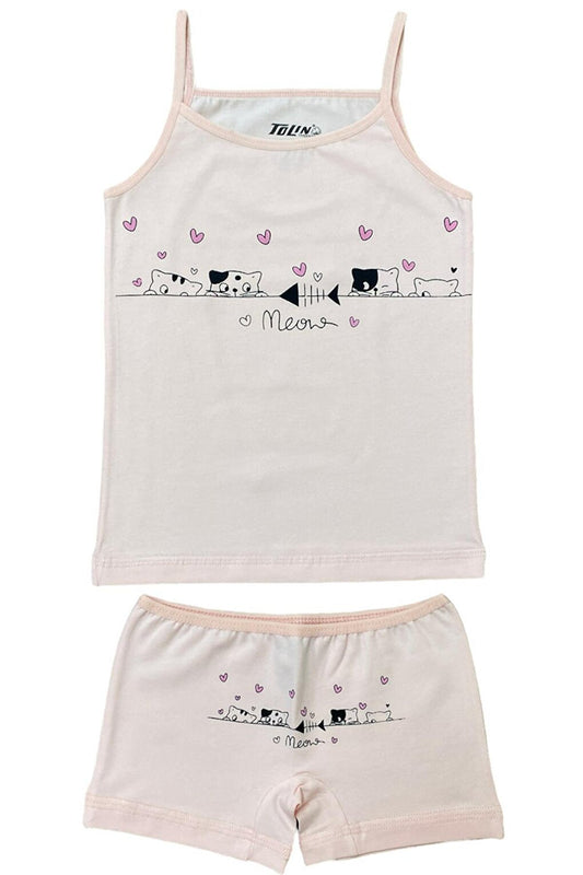 Girl's Patterned Printed Cotton Light Pink Athlete Shorts, Top and Bottom Set 84011