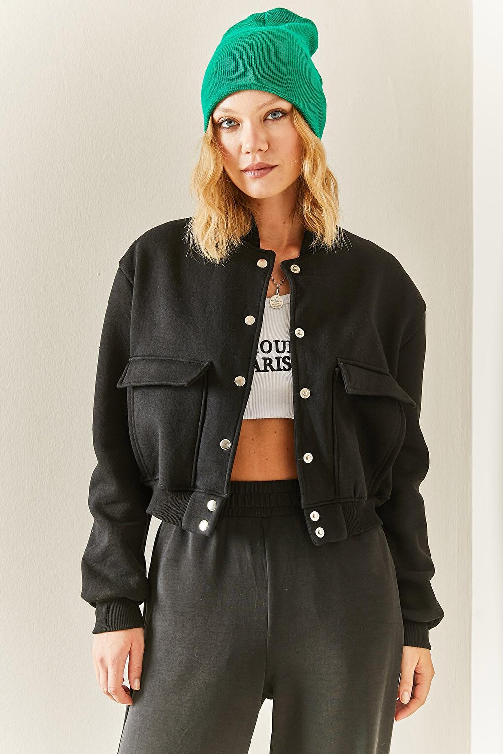 Black Snap Button Crop Bomber Jacket 3YXK4-47551-02