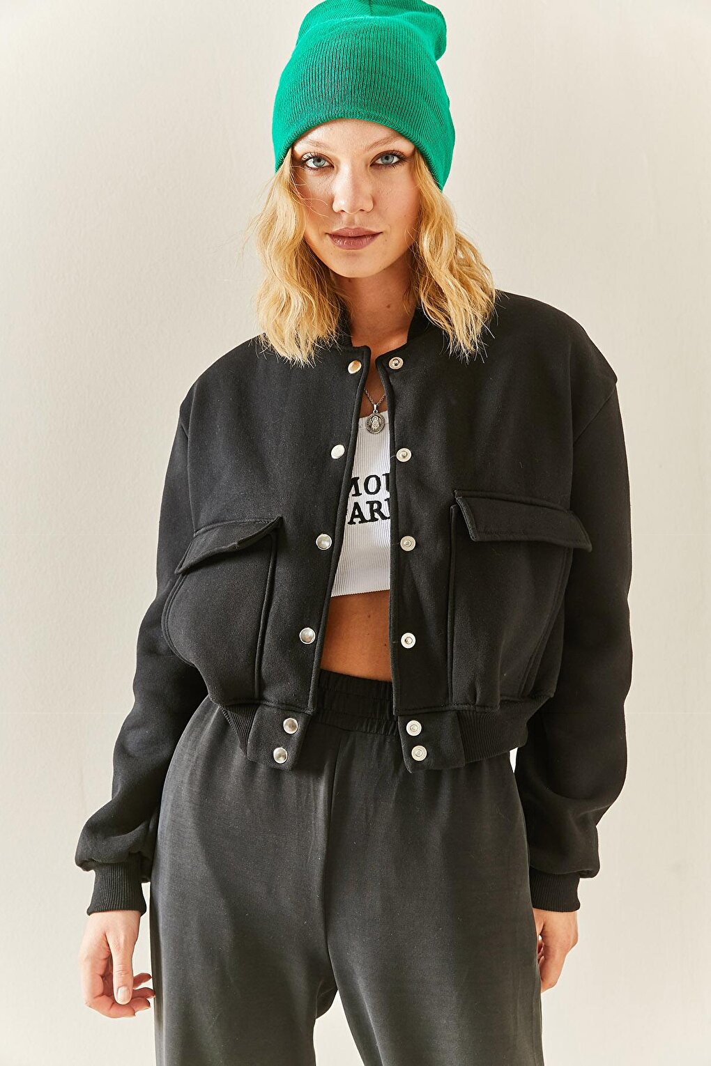 Black Snap Button Crop Bomber Jacket 3YXK4-47551-02