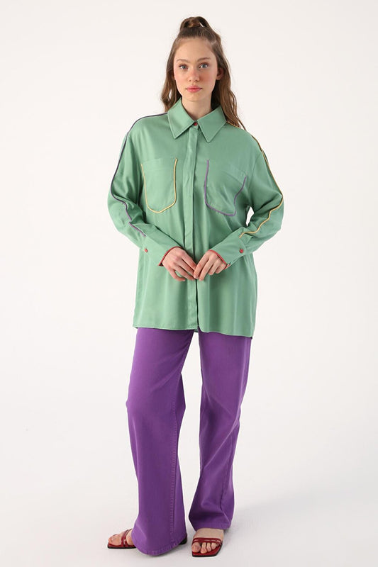 Light Green Colored Viscose Shirt with Piping Detail