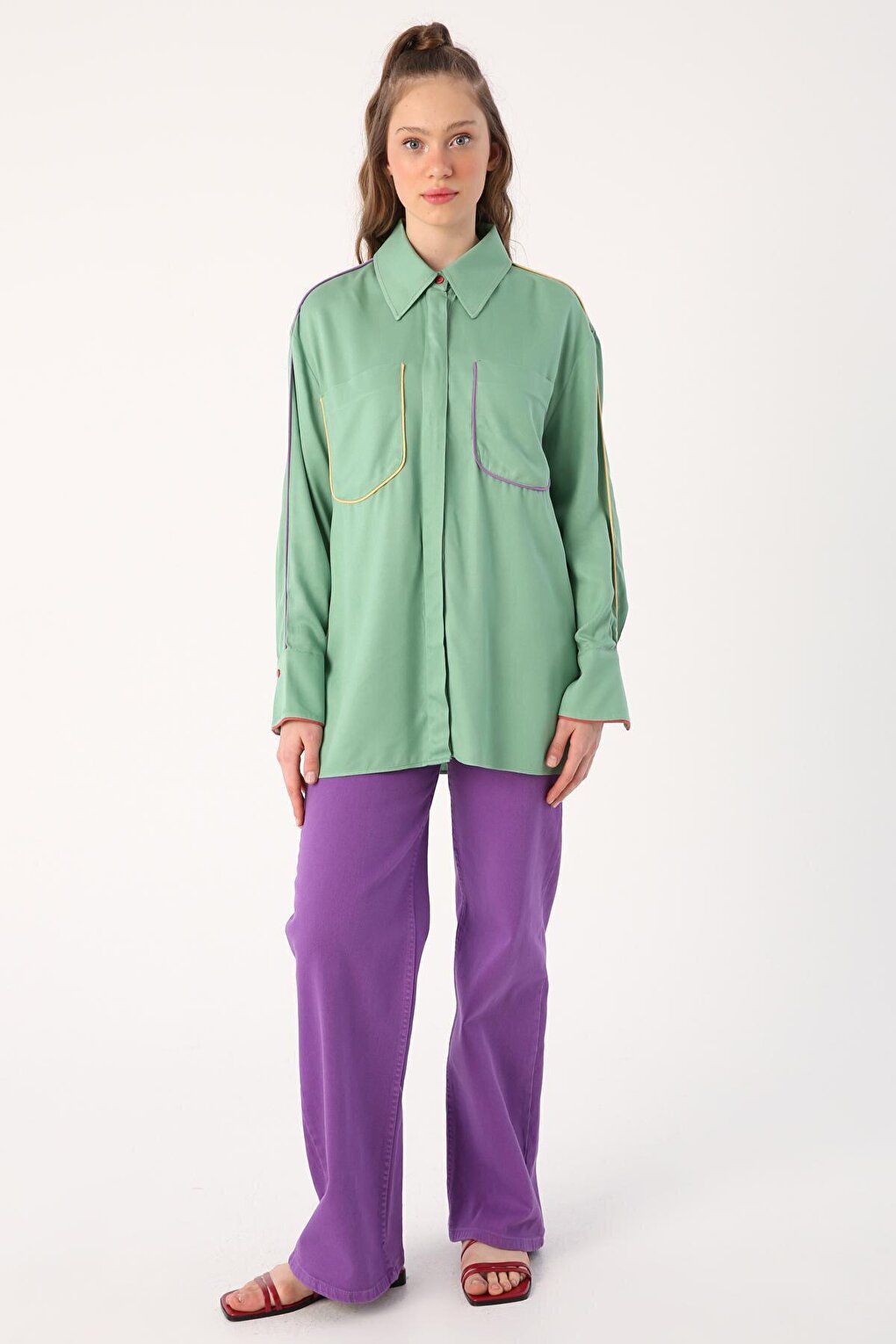 Light Green Colored Viscose Shirt with Piping Detail