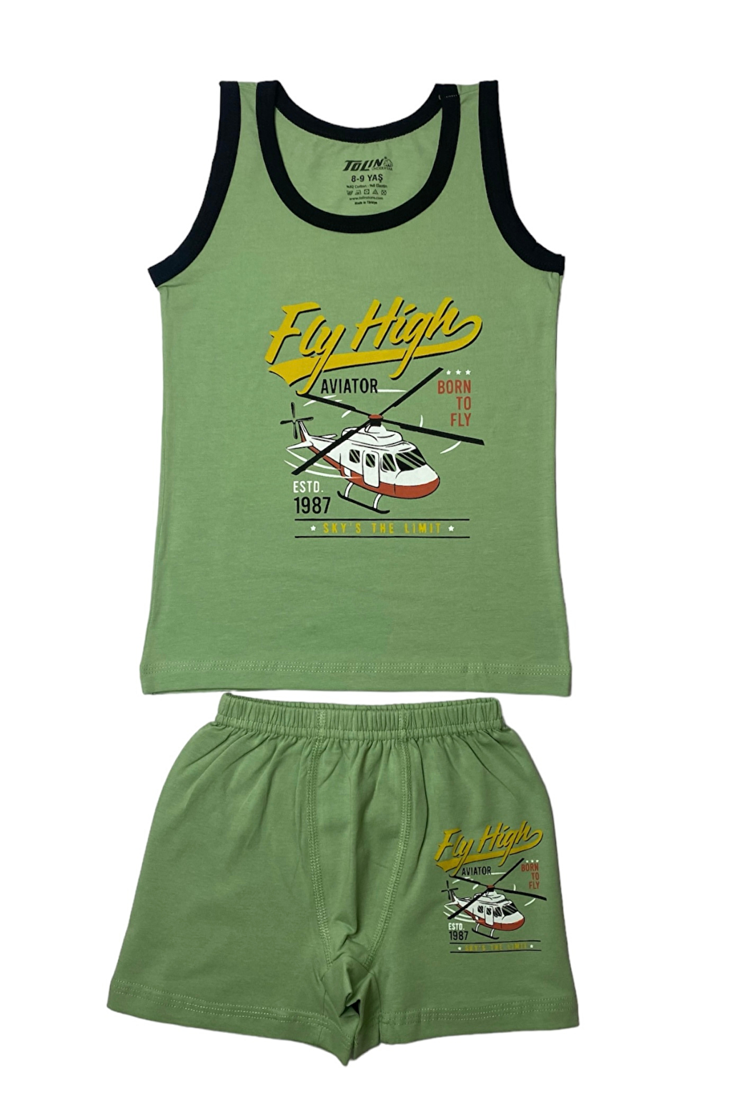 Boy's Patterned Printed Cotton Green Athlete Shorts, Top and Bottom Set 83028