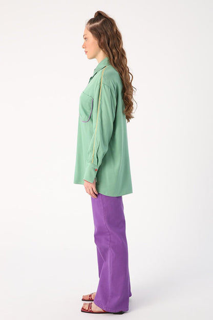 Light Green Colored Viscose Shirt with Piping Detail