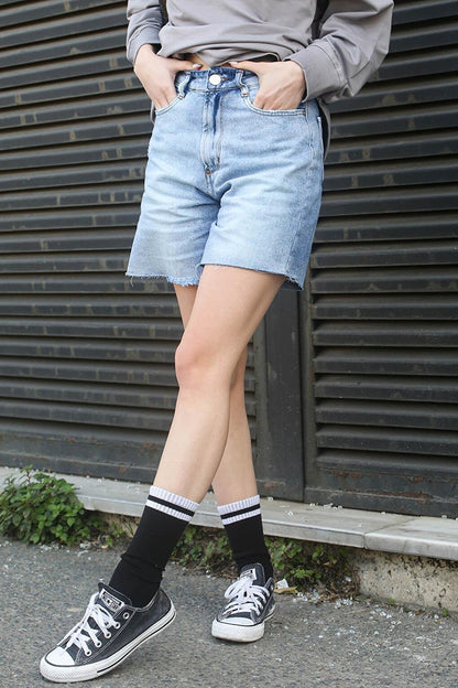 Blue High Waist Regular Fit Basic Denim Shorts MG1520