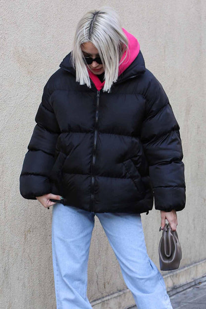 Black Basic Oversize Women's Puffer Coat MG1550