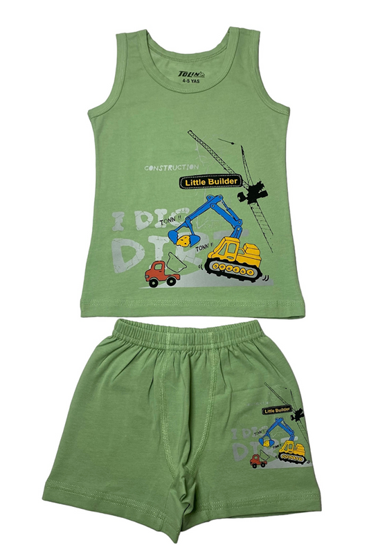 Boy's Patterned Printed Cotton Green Athlete Shorts, Top and Bottom Set 83025