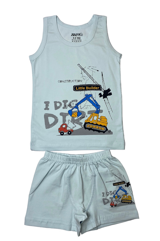 Boy's Patterned Printed Cotton Light Blue Athlete Shorts, Top and Bottom Set 83024