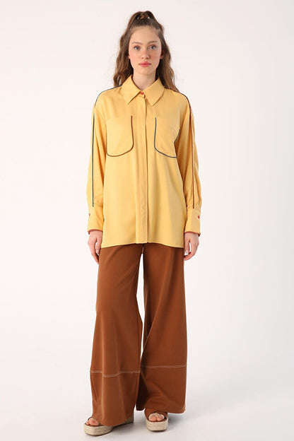 Yellow Colored Viscose Shirt with Piping Detail