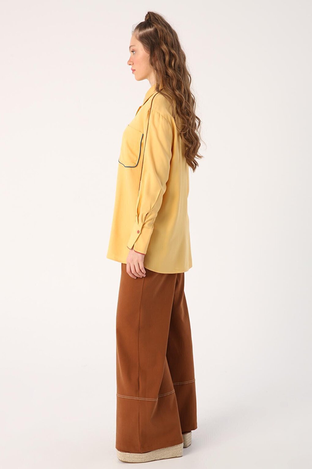 Yellow Colored Viscose Shirt with Piping Detail