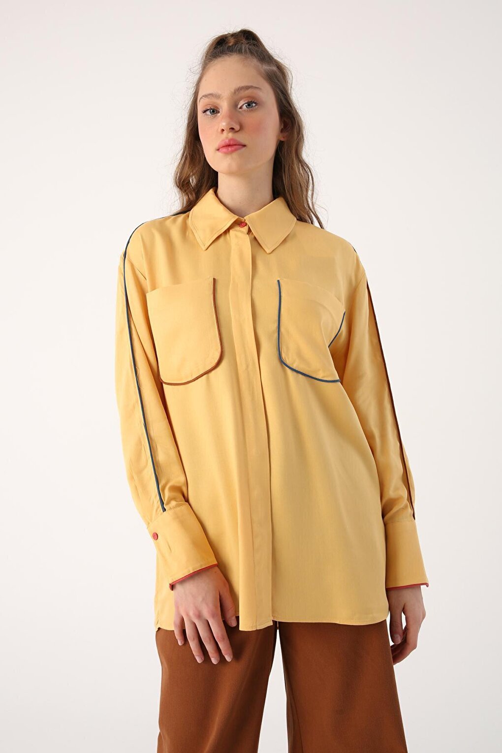 Yellow Colored Viscose Shirt with Piping Detail