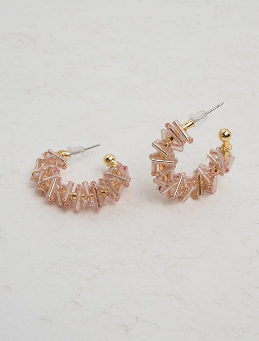 Salmon Pink Beaded Half Hoop Stylish Earrings