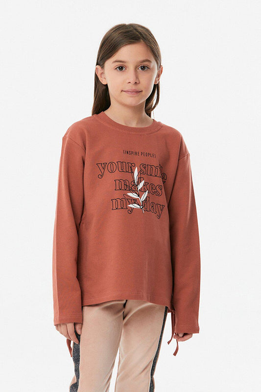 Printed Side Gathered Girl's Sweatshirt