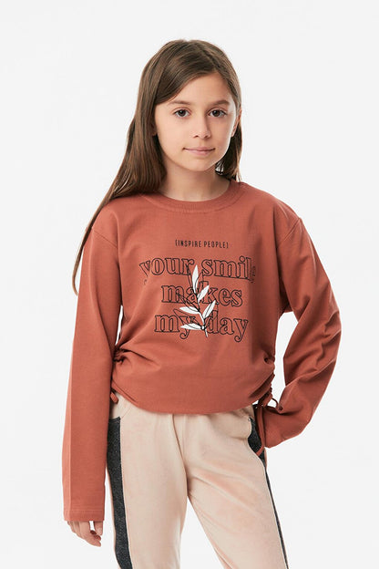 Printed Side Gathered Girl's Sweatshirt