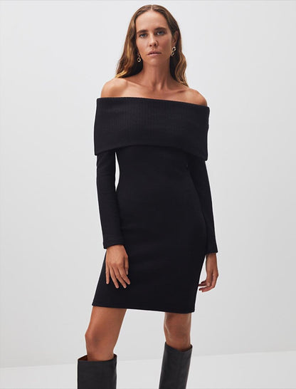 Black Bardot Collar Stylish Mini Basic Dress