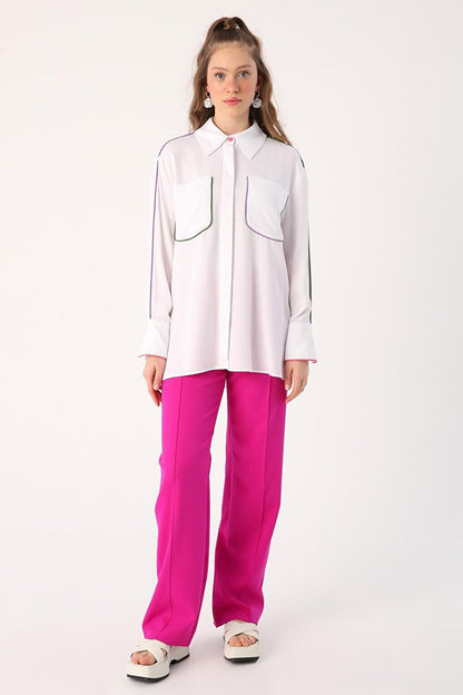 White Colored Viscose Shirt with Piping Detail