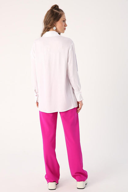 White Colored Viscose Shirt with Piping Detail