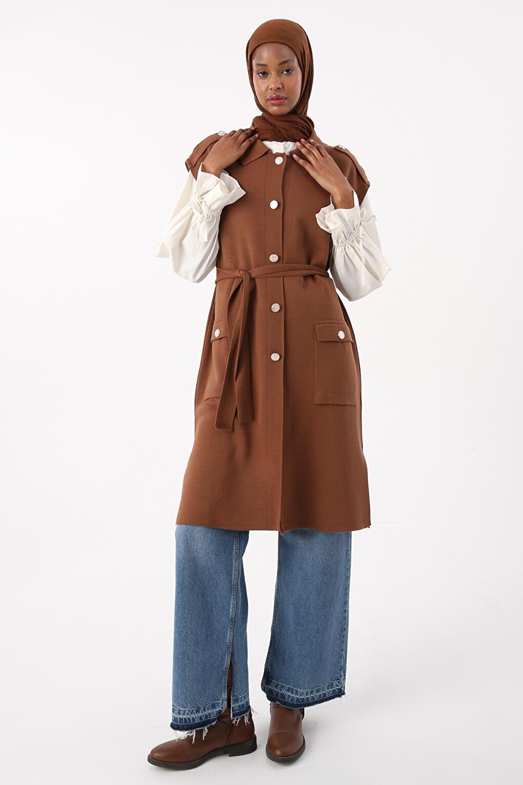 Brown Shirt Collar Belted Knitwear Vest